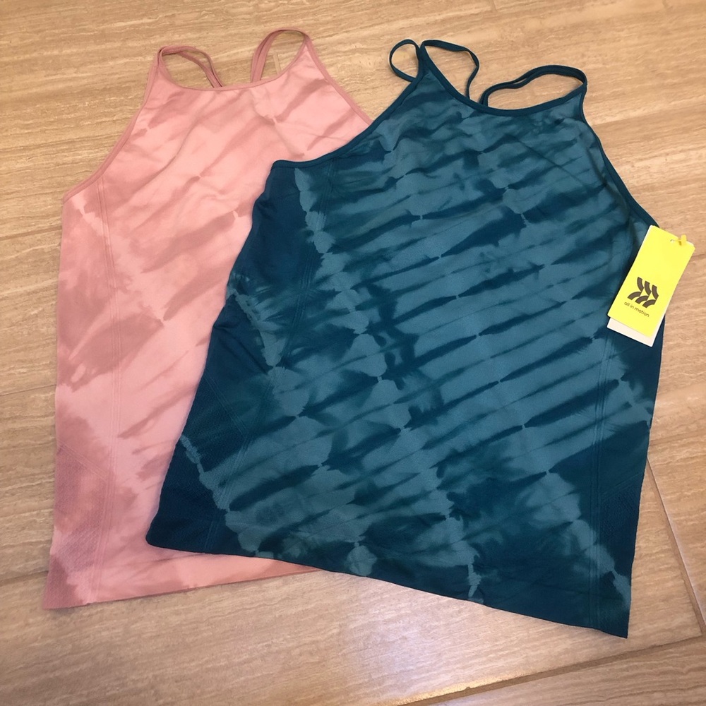 NWT 2 All in Motion Blue & Pink Tie-Dye Seamless Tank Top Size L 10/12 stretchy